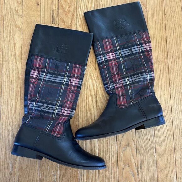 COACH CHRISSI SIGNATURE BLACK Leather Plaid Knee High Riding Boots Sz 7 - Picture 8 of 12